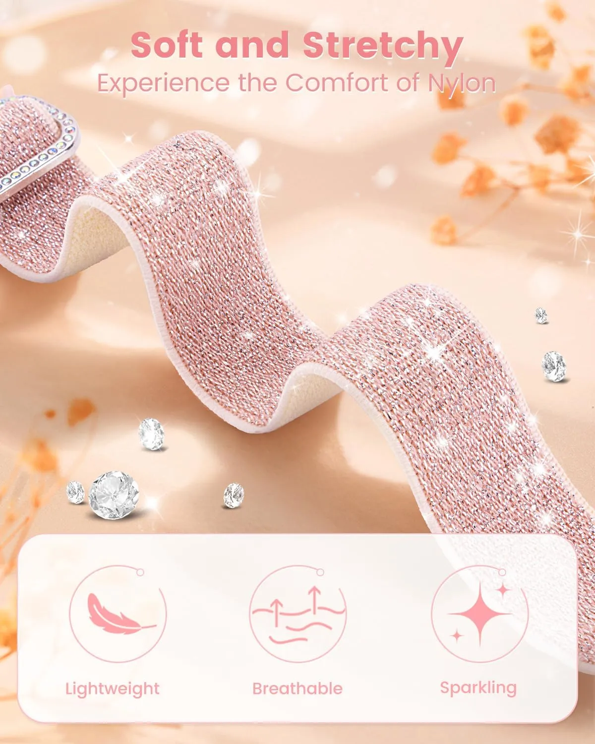 3 Pack Bling Stretchy Band Compatible with Fitbit Versa 4/Fitbit Versa 3/Fitbit Sense/Sense 2 Bands for Women, Soft Adjustable Elastic Glitter Solo Loop Nylon Strap for Fitbit Versa 4 Bands