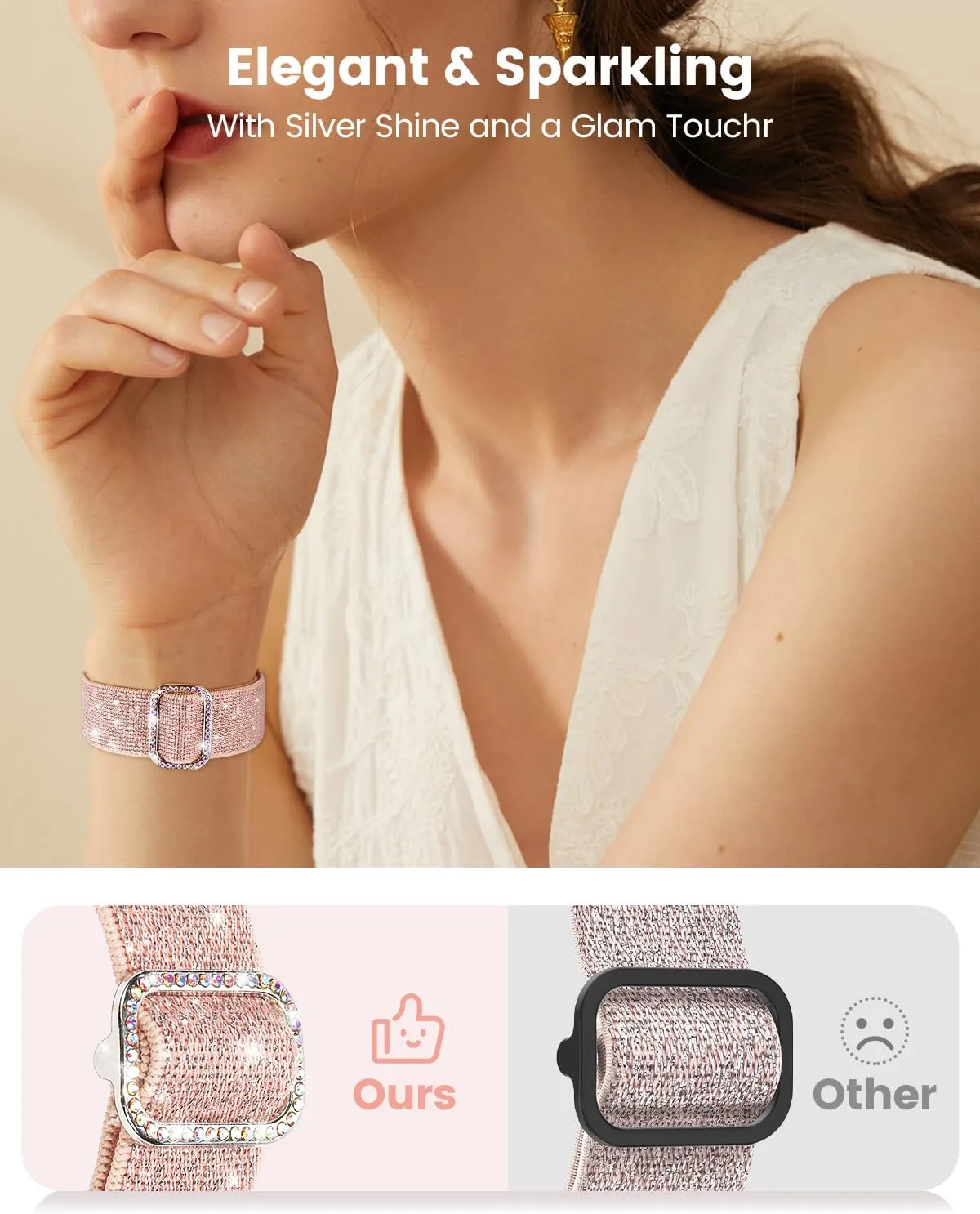3 Pack Bling Stretchy Band Compatible with Fitbit Versa 4/Fitbit Versa 3/Fitbit Sense/Sense 2 Bands for Women, Soft Adjustable Elastic Glitter Solo Loop Nylon Strap for Fitbit Versa 4 Bands