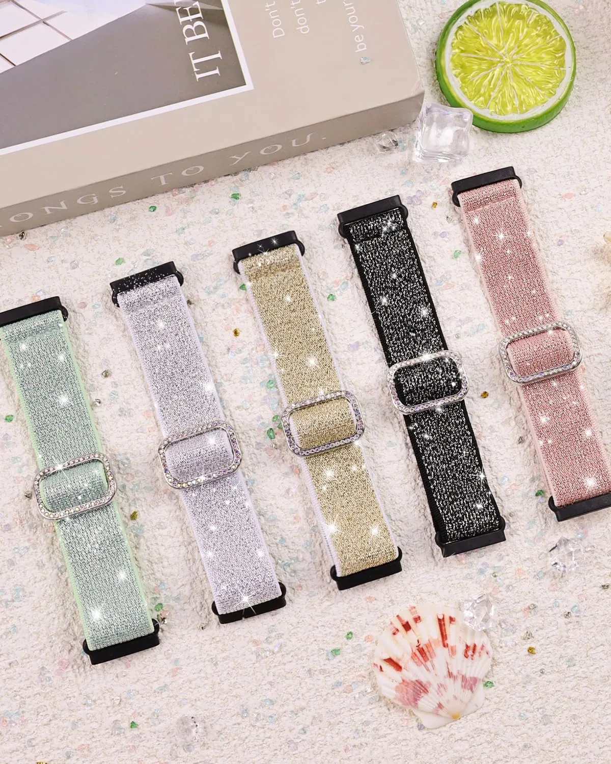 3 Pack Bling Stretchy Band Compatible with Fitbit Versa 4/Fitbit Versa 3/Fitbit Sense/Sense 2 Bands for Women, Soft Adjustable Elastic Glitter Solo Loop Nylon Strap for Fitbit Versa 4 Bands