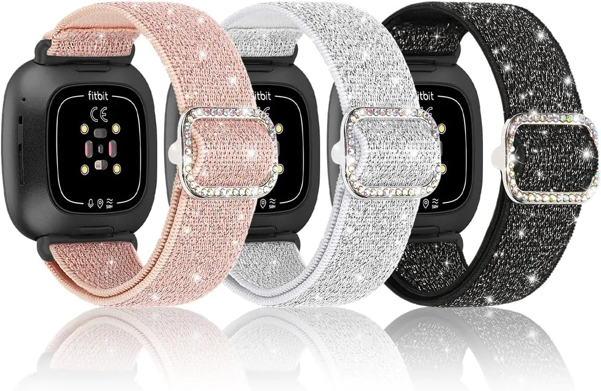 3 Pack Bling Stretchy Band Compatible with Fitbit Versa 4/Fitbit Versa 3/Fitbit Sense/Sense 2 Bands for Women, Soft Adjustable Elastic Glitter Solo Loop Nylon Strap for Fitbit Versa 4 Bands
