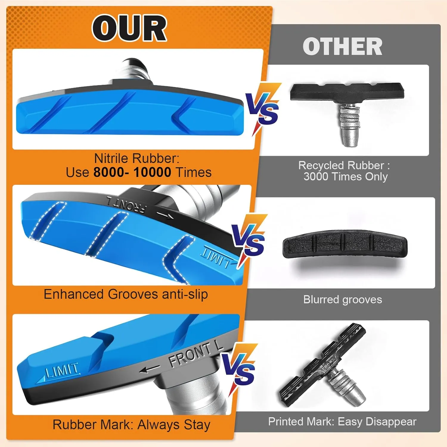 Alritz Bike Brake Pads Set, 4 Pairs Road Mountain Bicycle V-Brake Blocks Shoes with Hex Nut and Shims, No Noise No Skid, 70mm