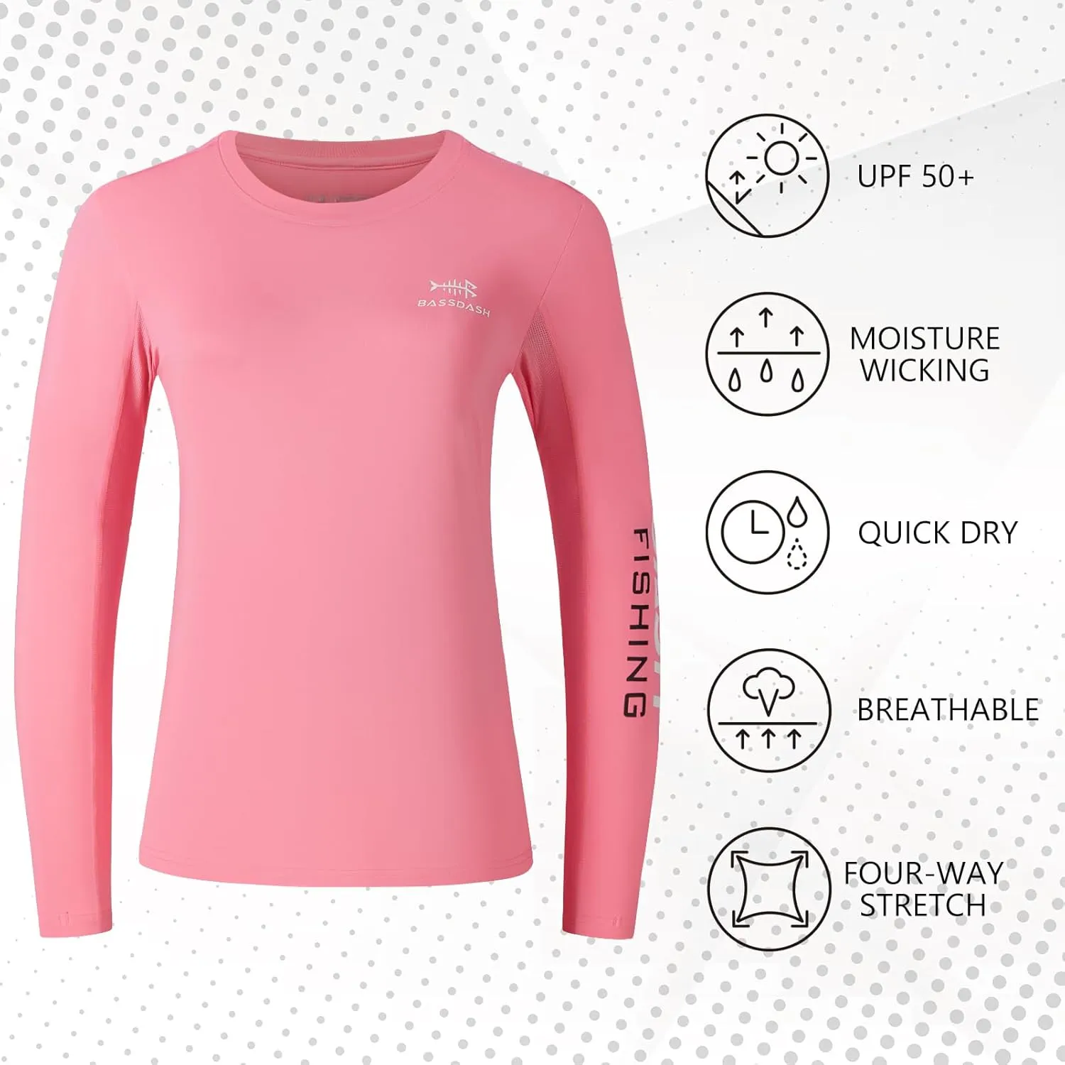 BASSDASH Womens UPF 50  UV Sun Protection Long Sleeve Shirts Quick Dry T-Shirt for Fishing Hiking Kayaking