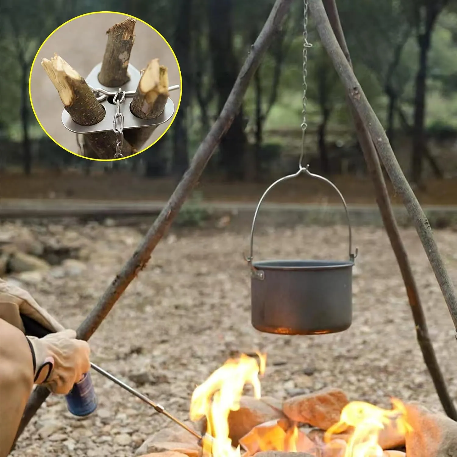 Camping Tripod for Ccooking,A Set Campfire Tripod,Made of Stainless Steel,Will Be Essential Camp Gear When You Cook or Grill Outdoors(Silver)