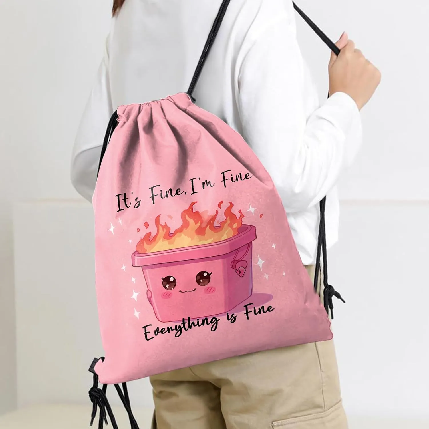 Drawstring Backpack Draw String Sports Bags for Gym Travel Beach Waterproof Cute Sackpack Men Women Aesthetic (13"17")-Pink Trash Can
