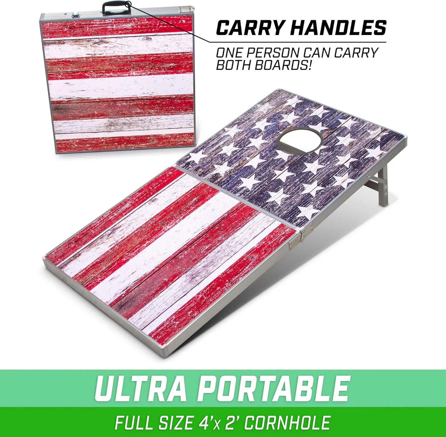 GoSports 4 x 2 ft Aluminum Cornhole Game Sets  Choose LED Lights or Standard - Set Includes 2 Foldable Regulation Size Boards, 8 Bean Bags, & Rules