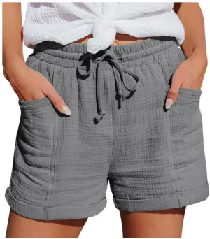 Linen Shorts for Women Drawstring High Waisted Plus Size Shorts Summer Vacation Loose Beach Pants with Pockets
