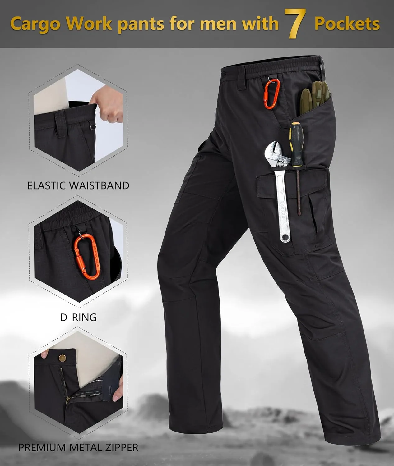 Mens Cargo Work Pants Waterproof Hiking Pants for Men Ripstop Tactical Pants Multi Work Pants with 7 Pockets