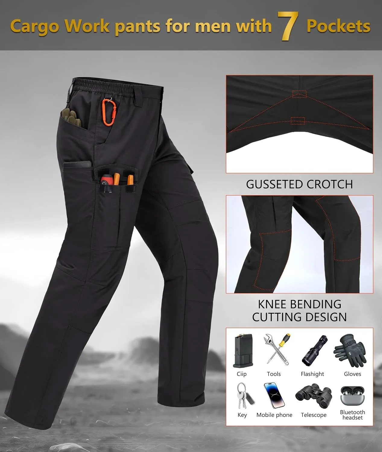Mens Cargo Work Pants Waterproof Hiking Pants for Men Ripstop Tactical Pants Multi Work Pants with 7 Pockets