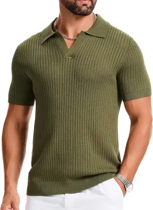 Mens Polo Shirts Ribbed Hollow Knit Polo Shirt Short Sleeve Muscle V Neck Golf Tees