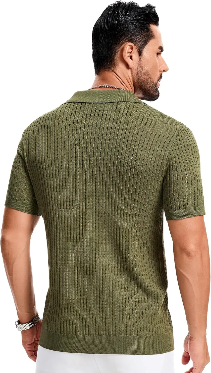 Mens Polo Shirts Ribbed Hollow Knit Polo Shirt Short Sleeve Muscle V Neck Golf Tees