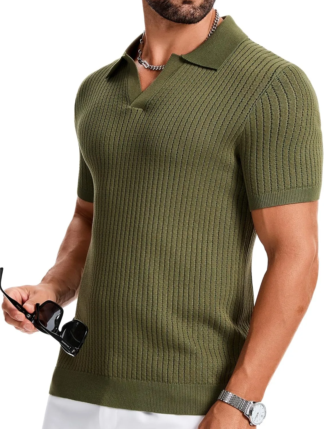 Mens Polo Shirts Ribbed Hollow Knit Polo Shirt Short Sleeve Muscle V Neck Golf Tees