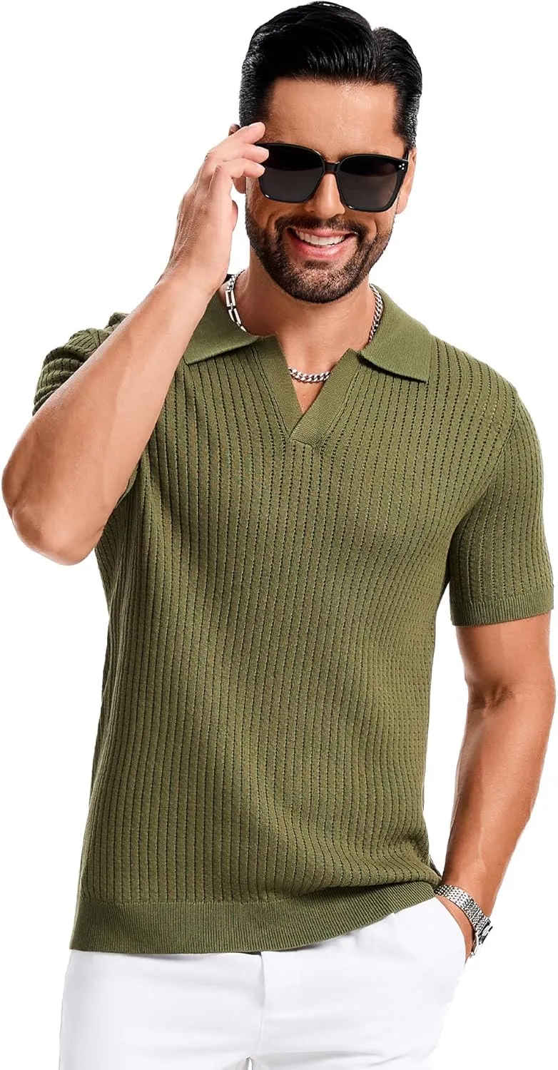 Mens Polo Shirts Ribbed Hollow Knit Polo Shirt Short Sleeve Muscle V Neck Golf Tees