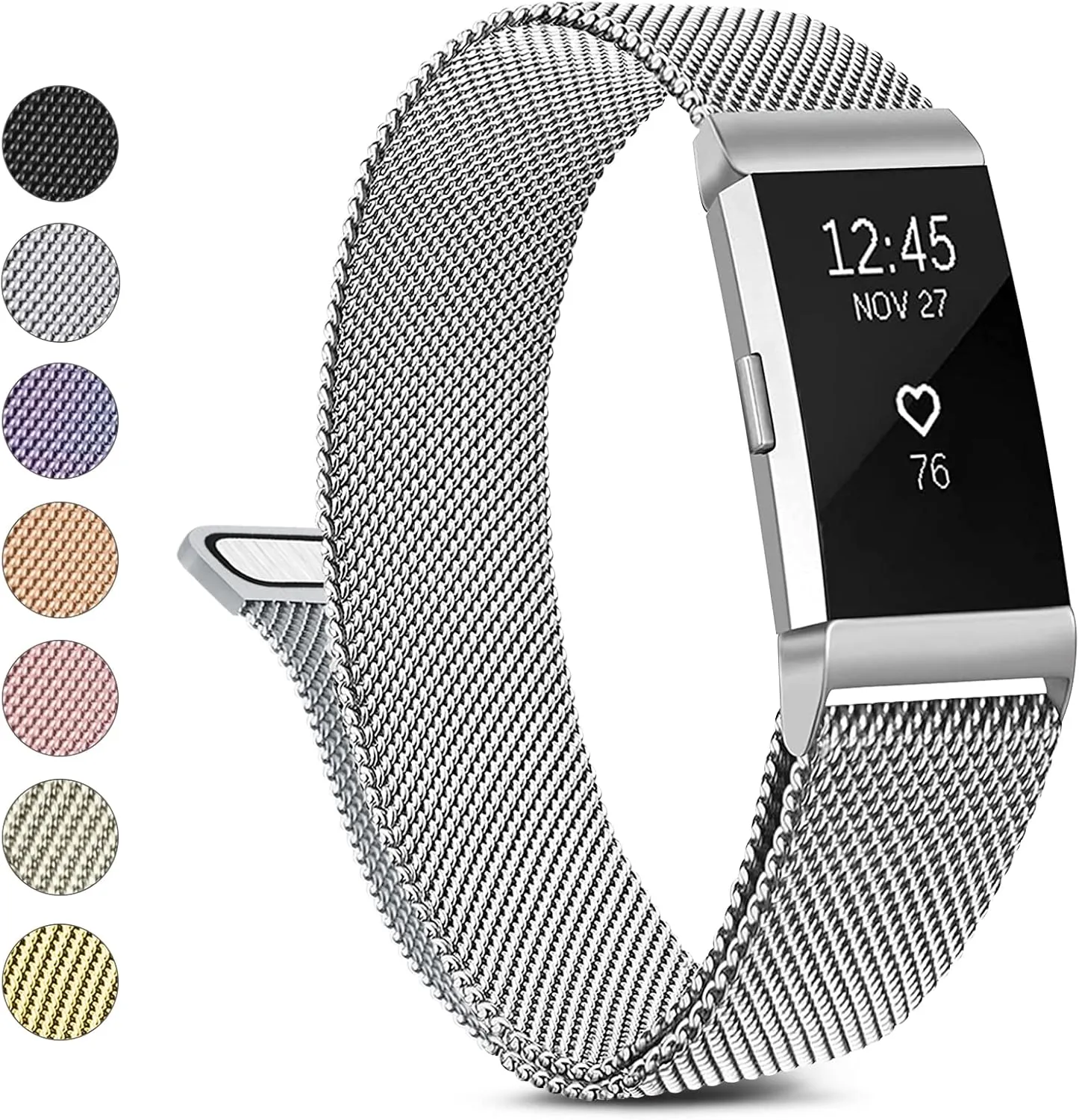 Metal Band Compatible with Fitbit Charge 2 Bands Women Men, Stainless Steel Mesh Loop Adjustable Wristband Replacement Strap for Fitbit Charge 2
