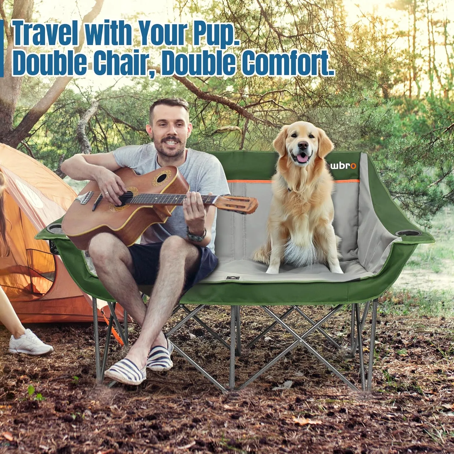 Oversized Double Camping Chair for Adults, Two Person Fully Padded Folding Camping Chairs Camping Couch Loveseat, Big Heavy Duty Outdoor Patio Lawn Chair with Arm Cup Holder, Green and Gray