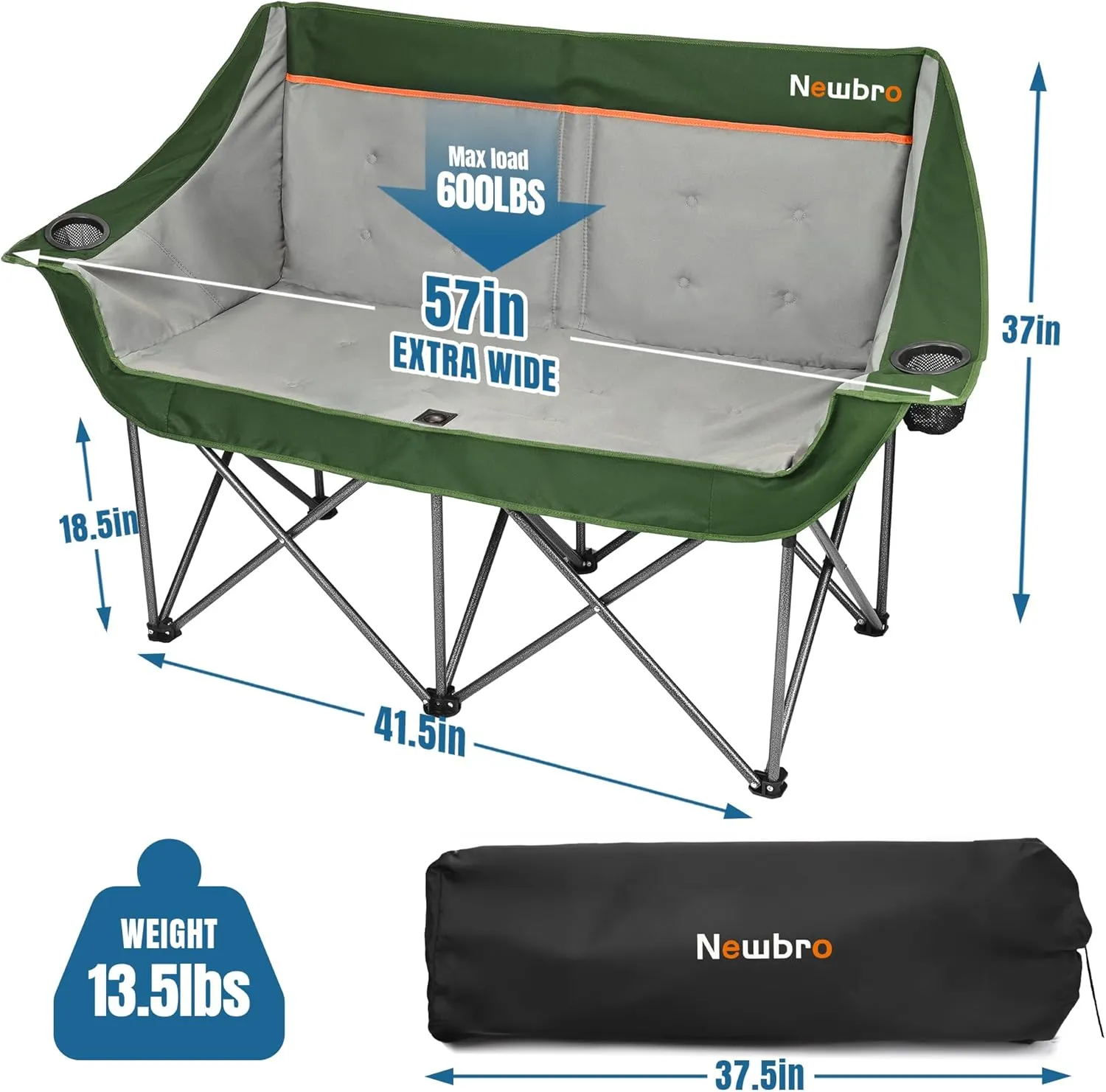 Oversized Double Camping Chair for Adults, Two Person Fully Padded Folding Camping Chairs Camping Couch Loveseat, Big Heavy Duty Outdoor Patio Lawn Chair with Arm Cup Holder, Green and Gray