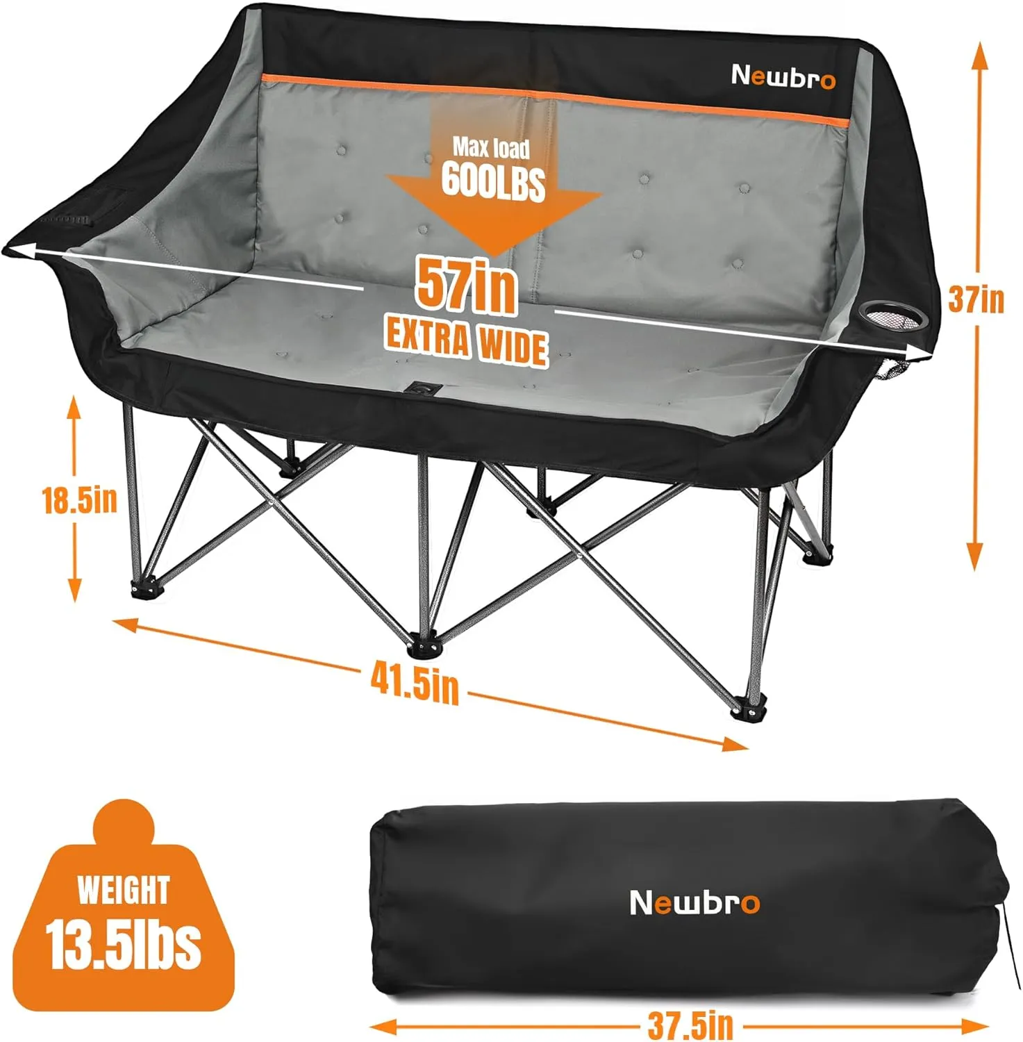 Oversized Double Camping Chair with Cooler Bags, Extra Wide Fully Padded Folding Camping Couch Loveseat for Adults Two Person, Big Heavy Duty Outdoor Patio Lawn Beach Chairs with Arm Cup Holder