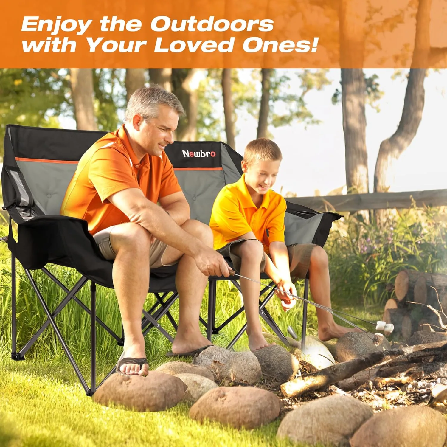 Oversized Double Camping Chair with Cooler Bags, Extra Wide Fully Padded Folding Camping Couch Loveseat for Adults Two Person, Big Heavy Duty Outdoor Patio Lawn Beach Chairs with Arm Cup Holder