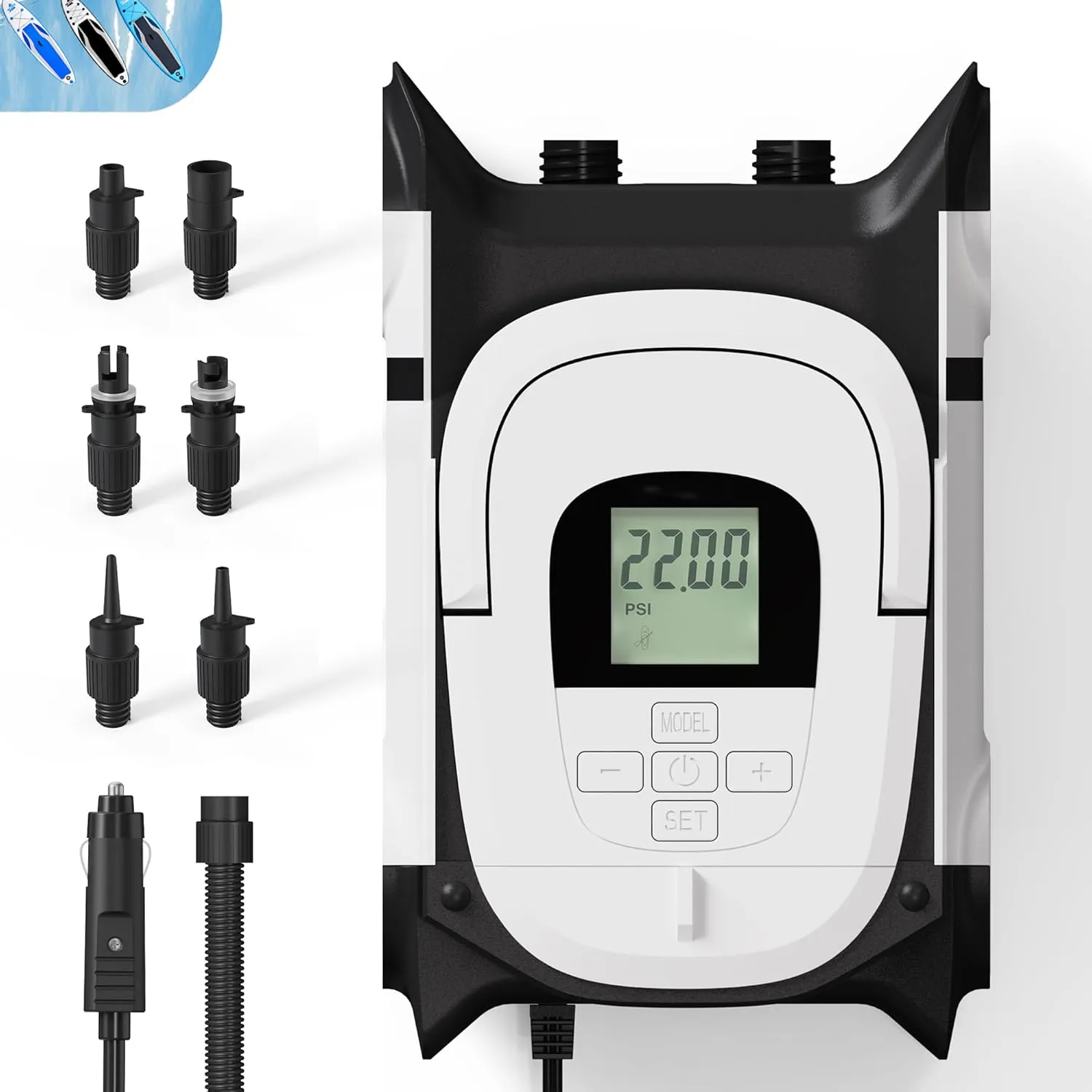 Paddle Board Pump with Auto-Off Function Dual Motor for Inflatable SUP and Boat, 22PSI Portable Electric Air Pump for Paddleboard with DC 12V Car Power Connector and Kayak Accessories