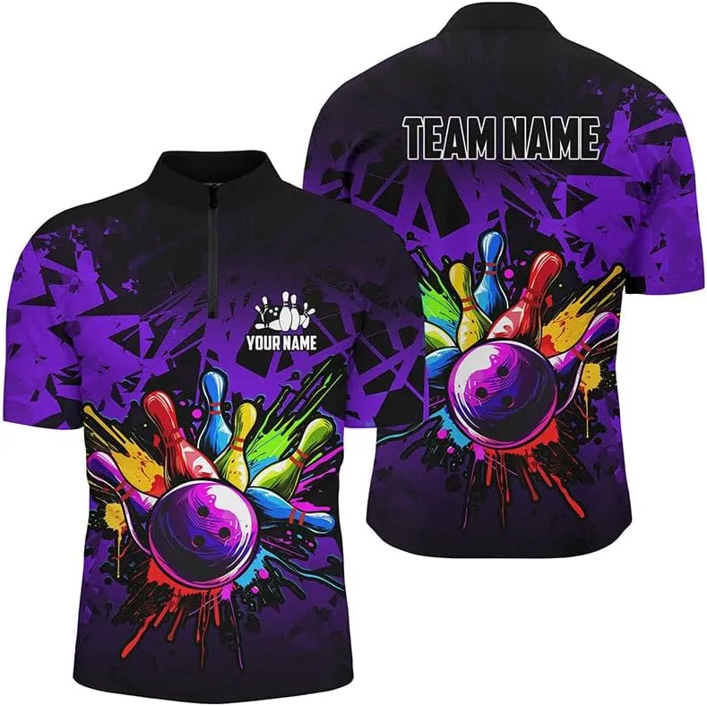 Personalized Bowling Shirts, Customized Bowlings Jersey, Black and Bowlings Polo, 1/4 Zip Shirt