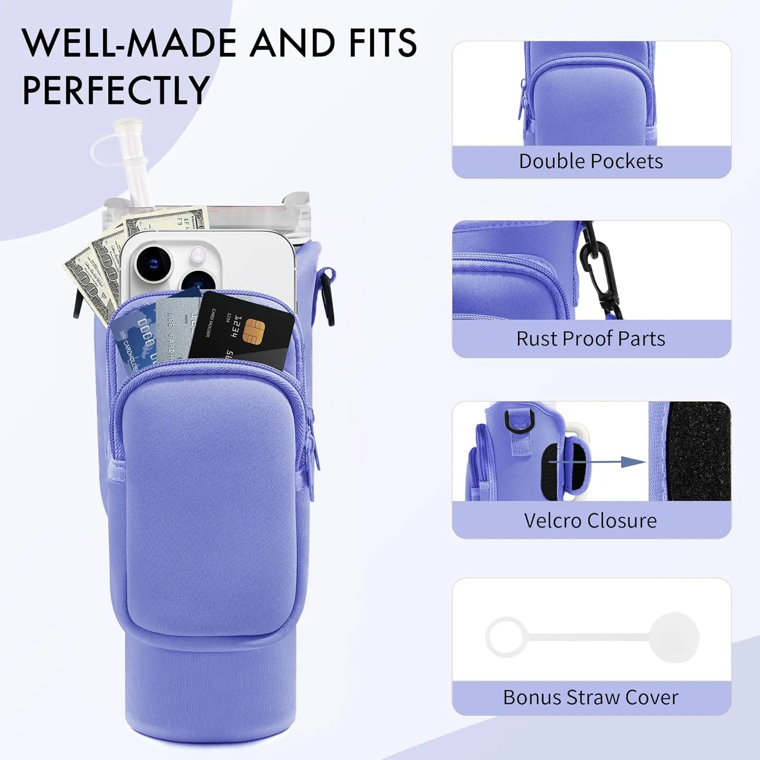 Water Bottle Carrier Bag with Phone Pocket for Stanley Cup 40/30 oz, Water Bottle Holder with Adjustable Strap& Straw Cover, Stanley Cup Accessories