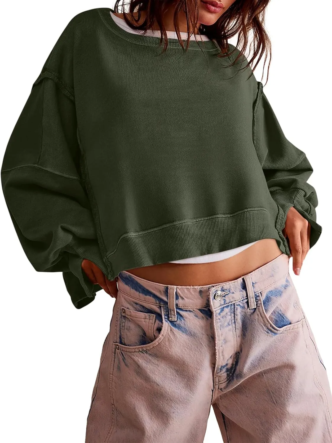 Zwurew Womens Casual Sweatshirt Long Sleeve Tops Crewneck Loose Fit Tee Pullover Crop Tshirt Side Slit Fall Fashion 2024